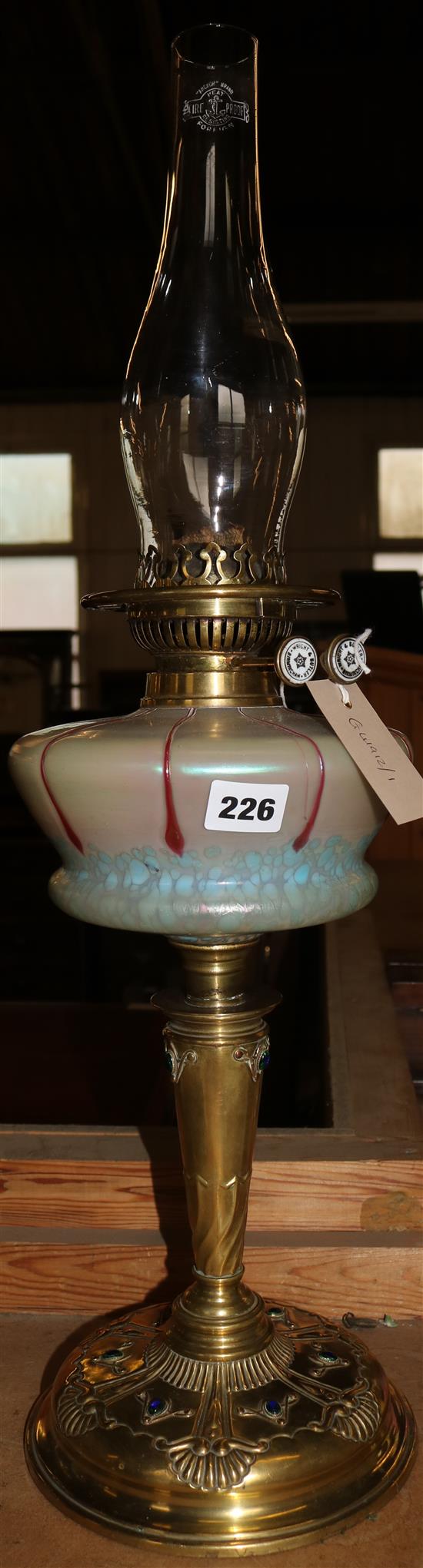 Art Nouveau oil lamp with Loetz style font
